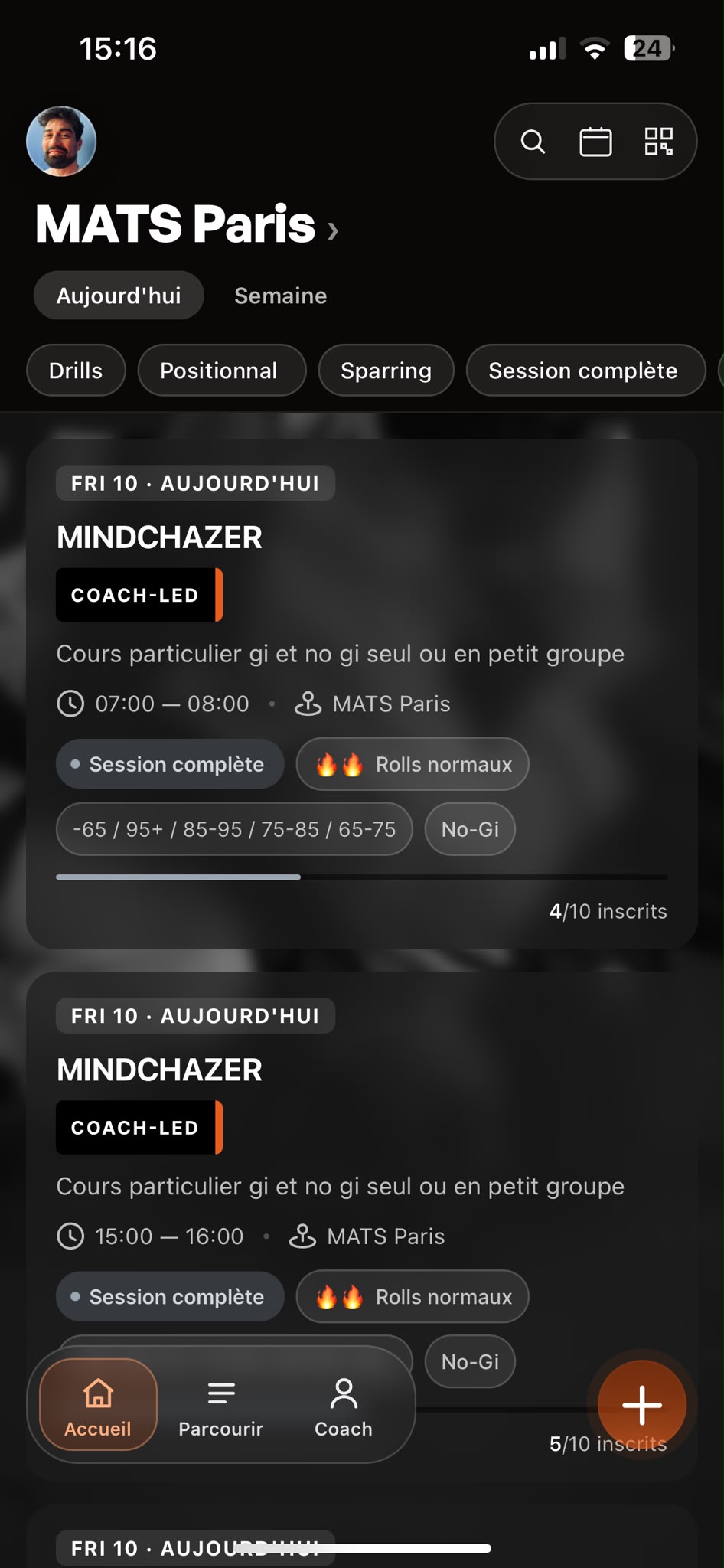 App MATS — agenda des créneaux filtrable